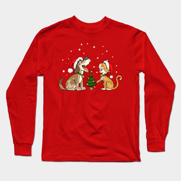 Dog and cat singing a Christmas song Long Sleeve T-Shirt by duxpavlic